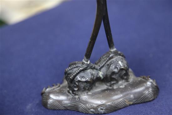 A pair of Japanese crane candelabra, late 19th century, 31.5cm., repairs